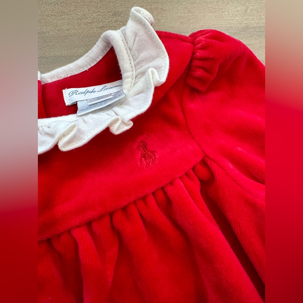 Ralph Lauren baby girl long sleeve footies red white ruffle collar onesie
